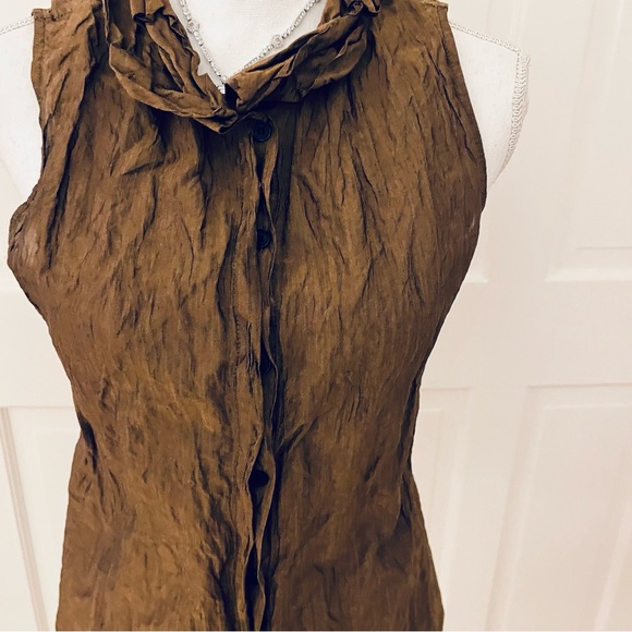 Lafayette148 metallic bronze brown sleeveless button up shirt 4 - Picture 5 of 7